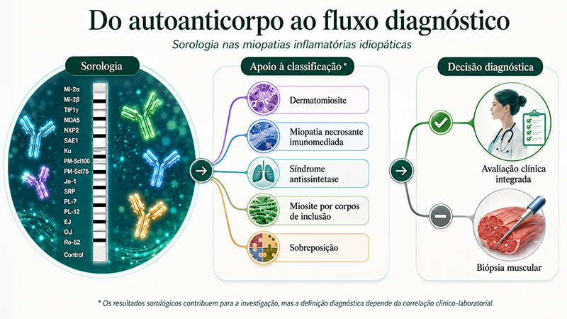 Fluxo ilustrativo mostrando o papel da sorologia por EUROLINE 16 Ag no apoio à classificação e decisão diagnóstica das Miopatias Inflamatórias Idiopáticas.